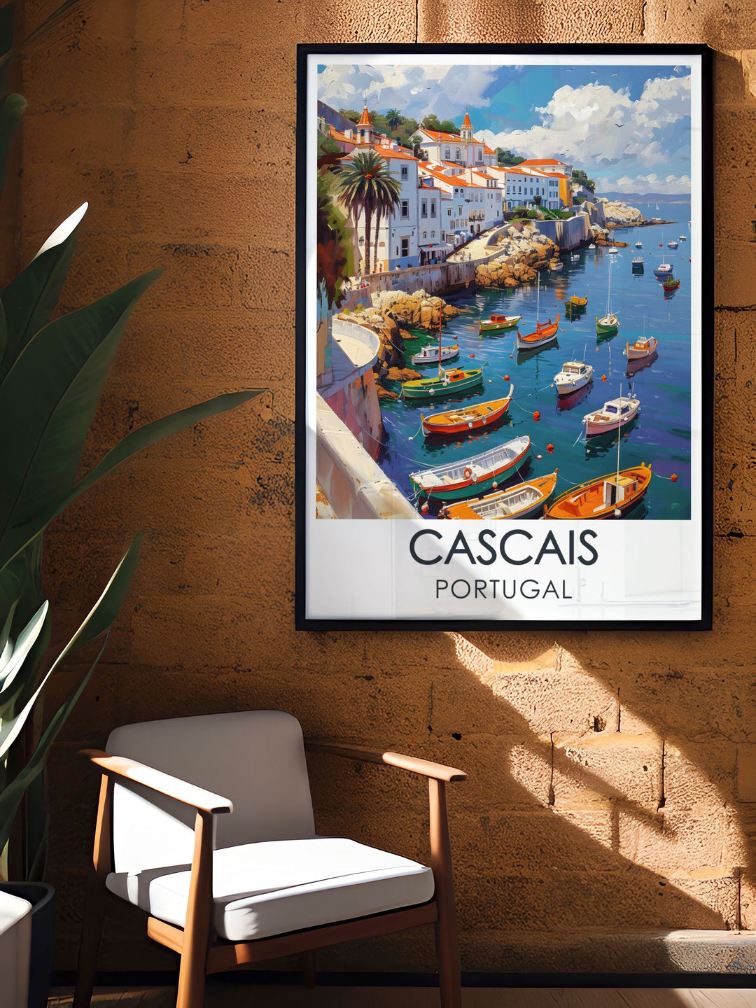 The lively Cascais Marina is beautifully depicted in this travel poster, showcasing its elegant yachts and waterfront restaurants. Bring a piece of Portugals coastal elegance into your living space with this exquisite artwork.