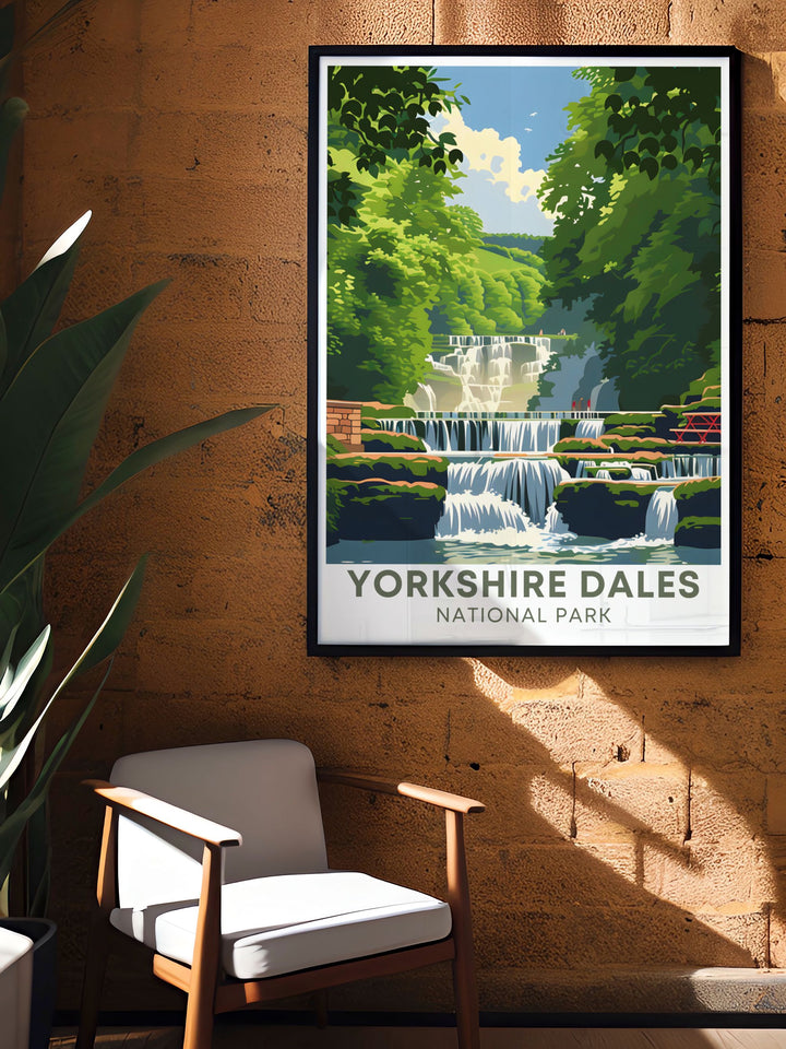 Aysgarth Falls poster brings the captivating beauty of the Yorkshire Dales into your home. The detailed depiction of the falls and surrounding landscape makes it an excellent addition to any wall and a thoughtful gift for those who love nature and travel.