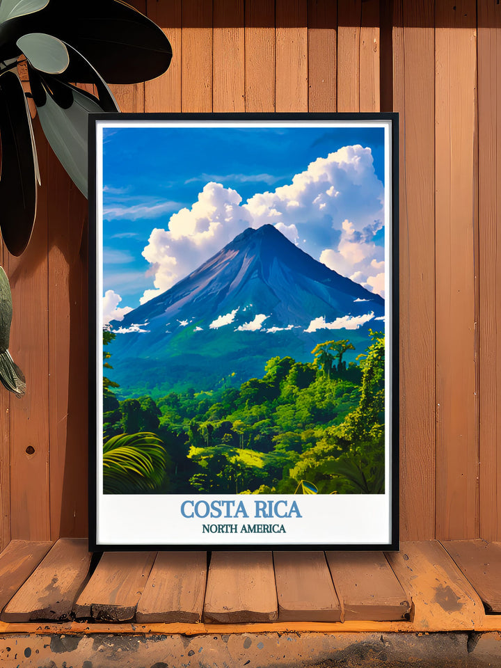Experience the dynamic energy of Costa Rica with a stunning art print of Arenal Volcano. This piece showcases the volcanos striking symmetry and vibrant greenery, adding a touch of natural wonder to your living space.
