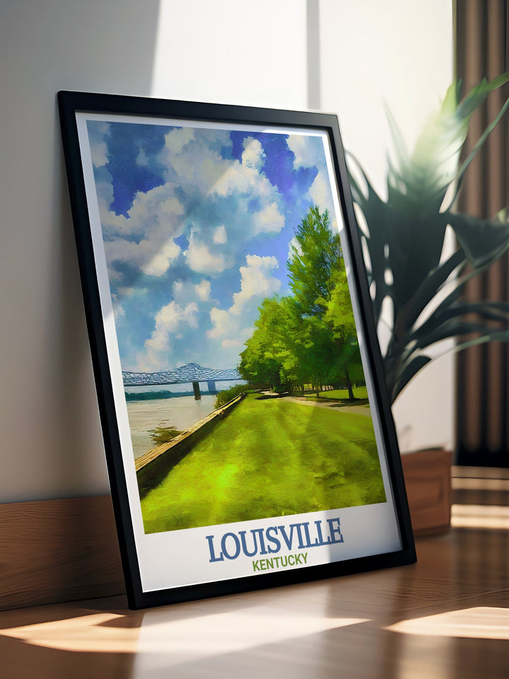 This Kentucky canvas art features the tranquil landscape of Louisvilles Waterfront Park, with the Ohio River and iconic bridges in the background. The detailed artwork brings the beauty of this beloved Kentucky landmark into your home.