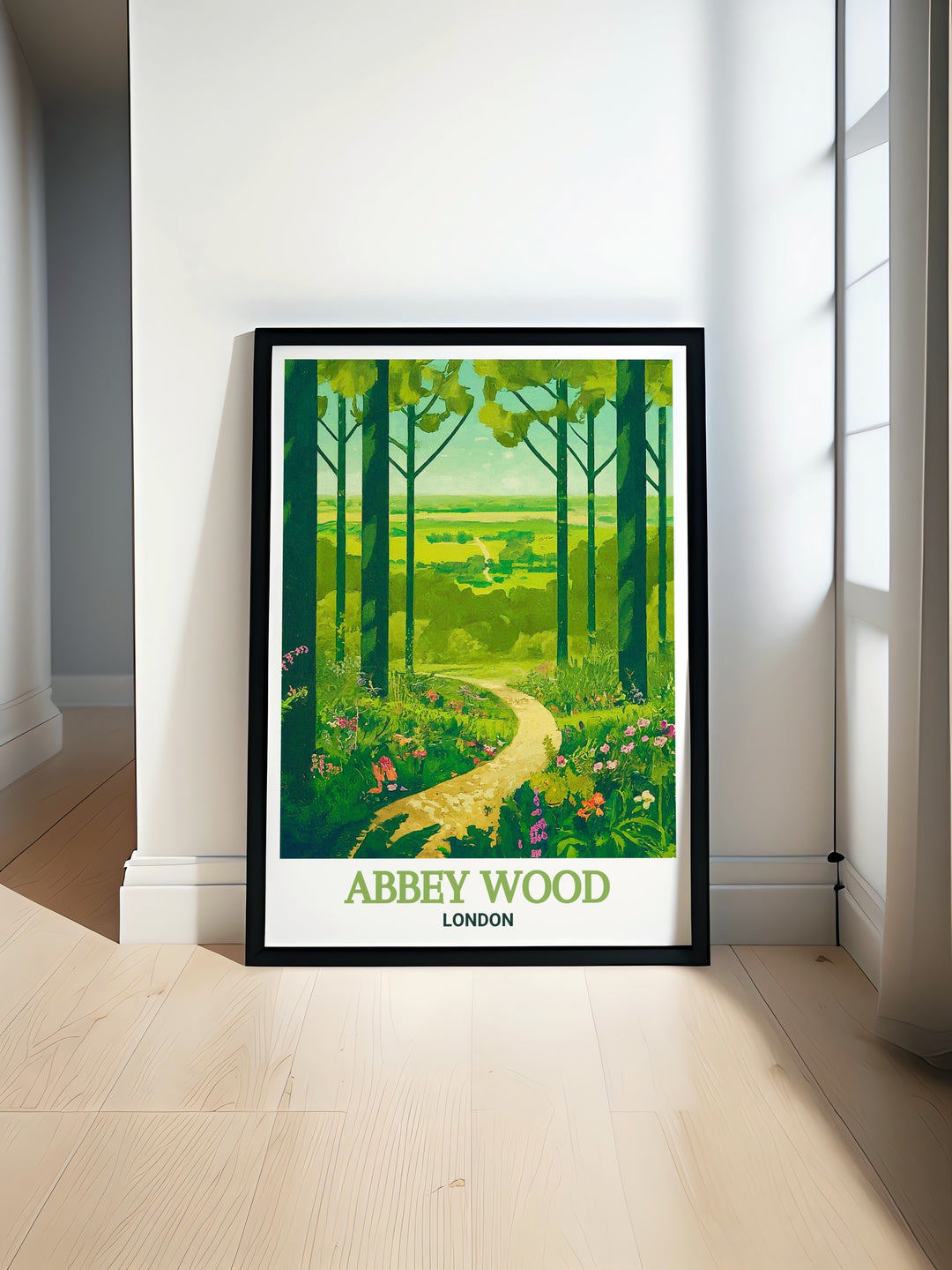 Abbey Wood Poster Print showcasing the historic Lesnes Abbey Woods and the lush greenery of Bostall Wood in South East London a beautiful vintage travel print perfect for adding a touch of Londons hidden gems to your home decor