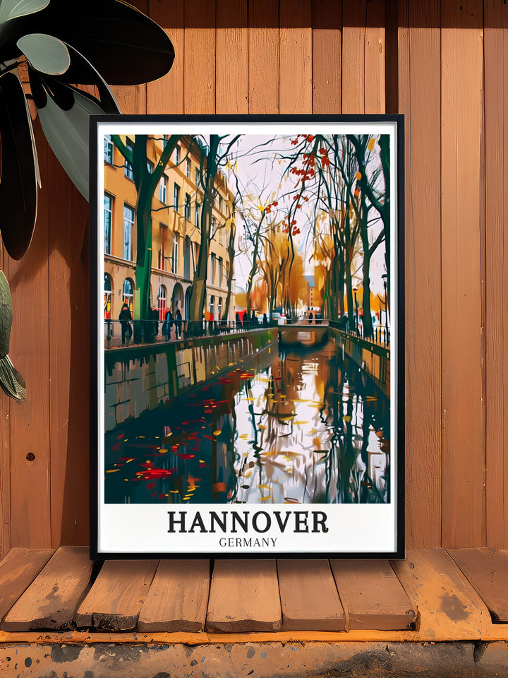 Vintage poster of the River Leine in Hannover offering a timeless view of this peaceful river as it winds through the city ideal for those who love classic European landscapes and riverside scenes