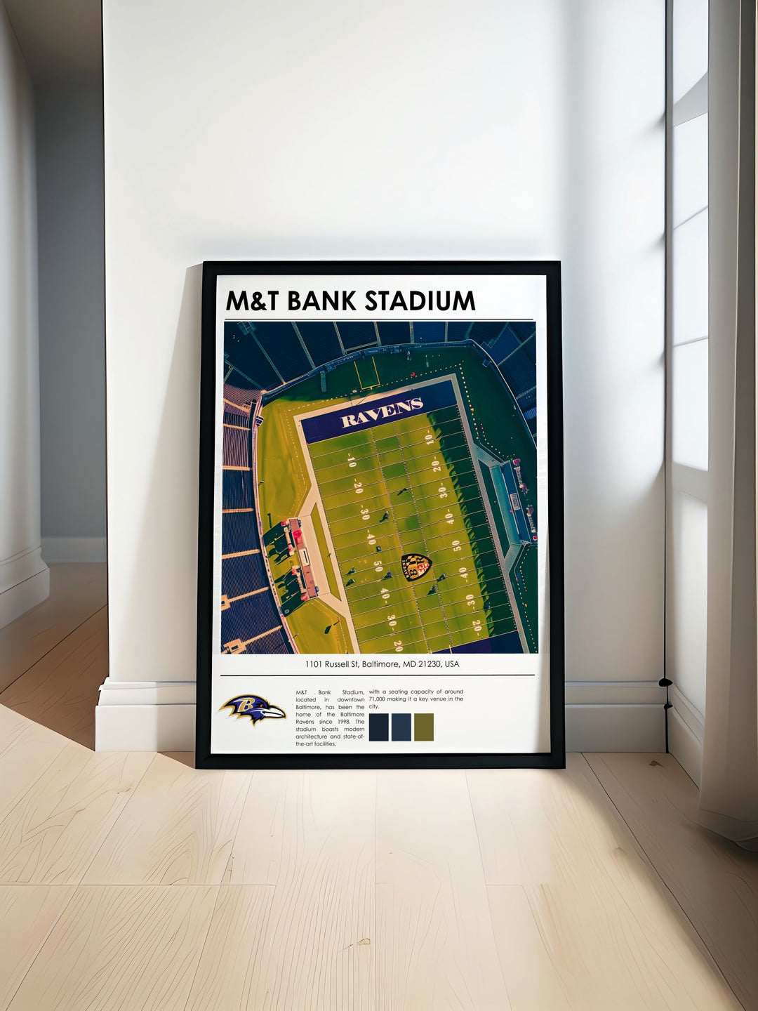 A stunning travel poster of the Baltimore Ravens featuring Lamar Jackson and Odell Beckham Jr. in action at M and T Bank Stadium a perfect piece for fans to display their love for the team in their home or office