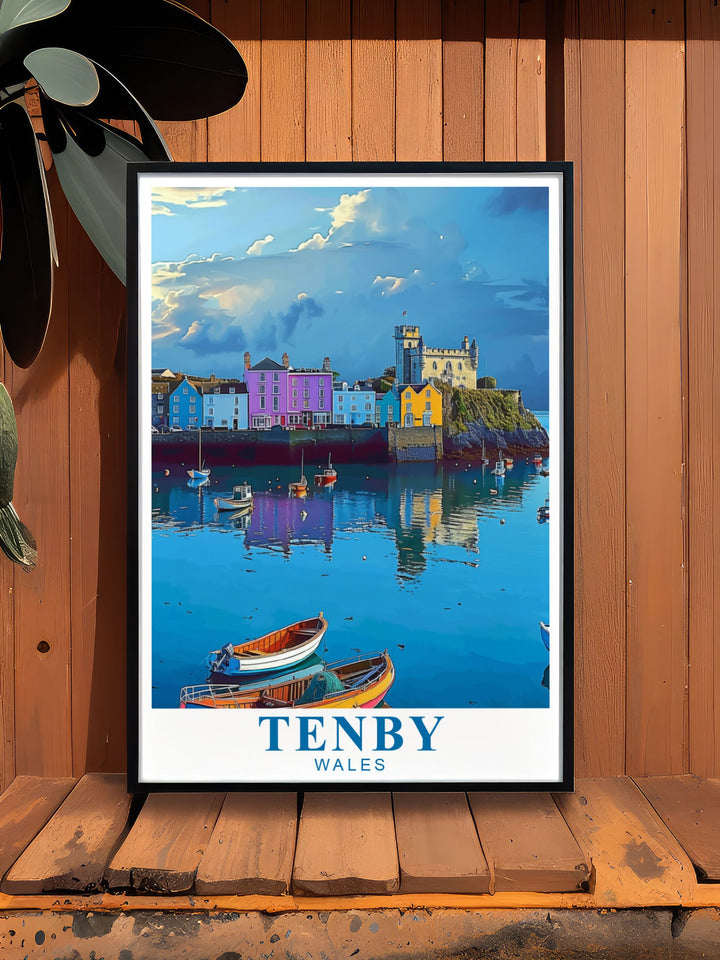 Elegant home decor print of Tenby Harbour capturing the serene beauty of the Pembrokeshire Coast. This vibrant artwork brings the charm of South Wales into any space perfect for creating a coastal ambiance in your home.