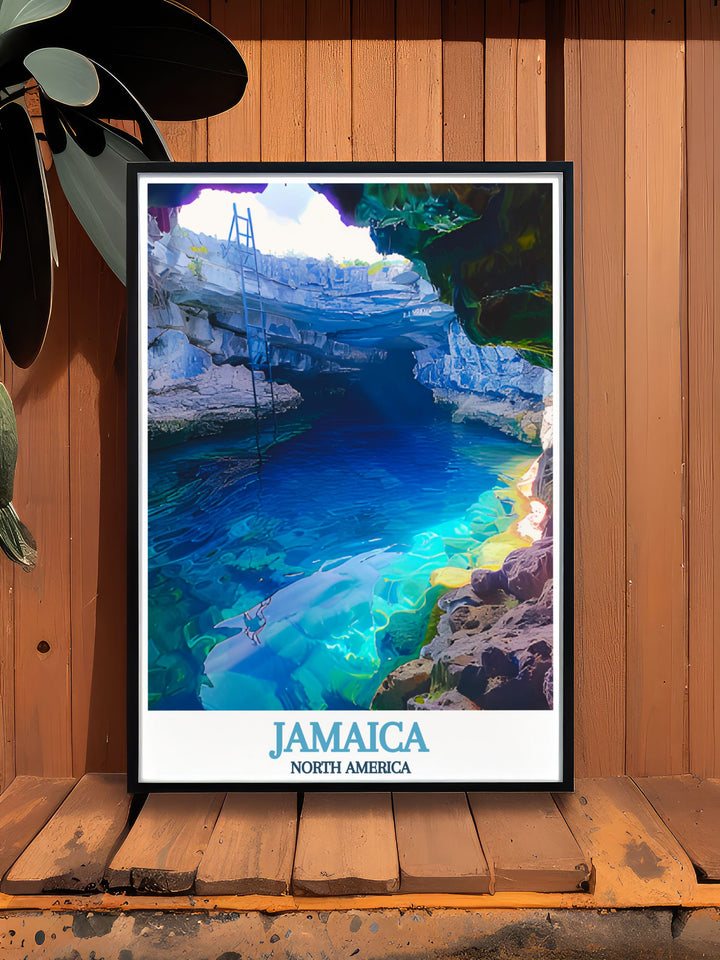 Bring the beauty of Jamaica into your space with this stunning travel print featuring the Blue Hole Mineral Spring. Ideal for travelers and nature lovers, this poster captures the tropical essence of Jamaica, making it a perfect addition to any home or office.