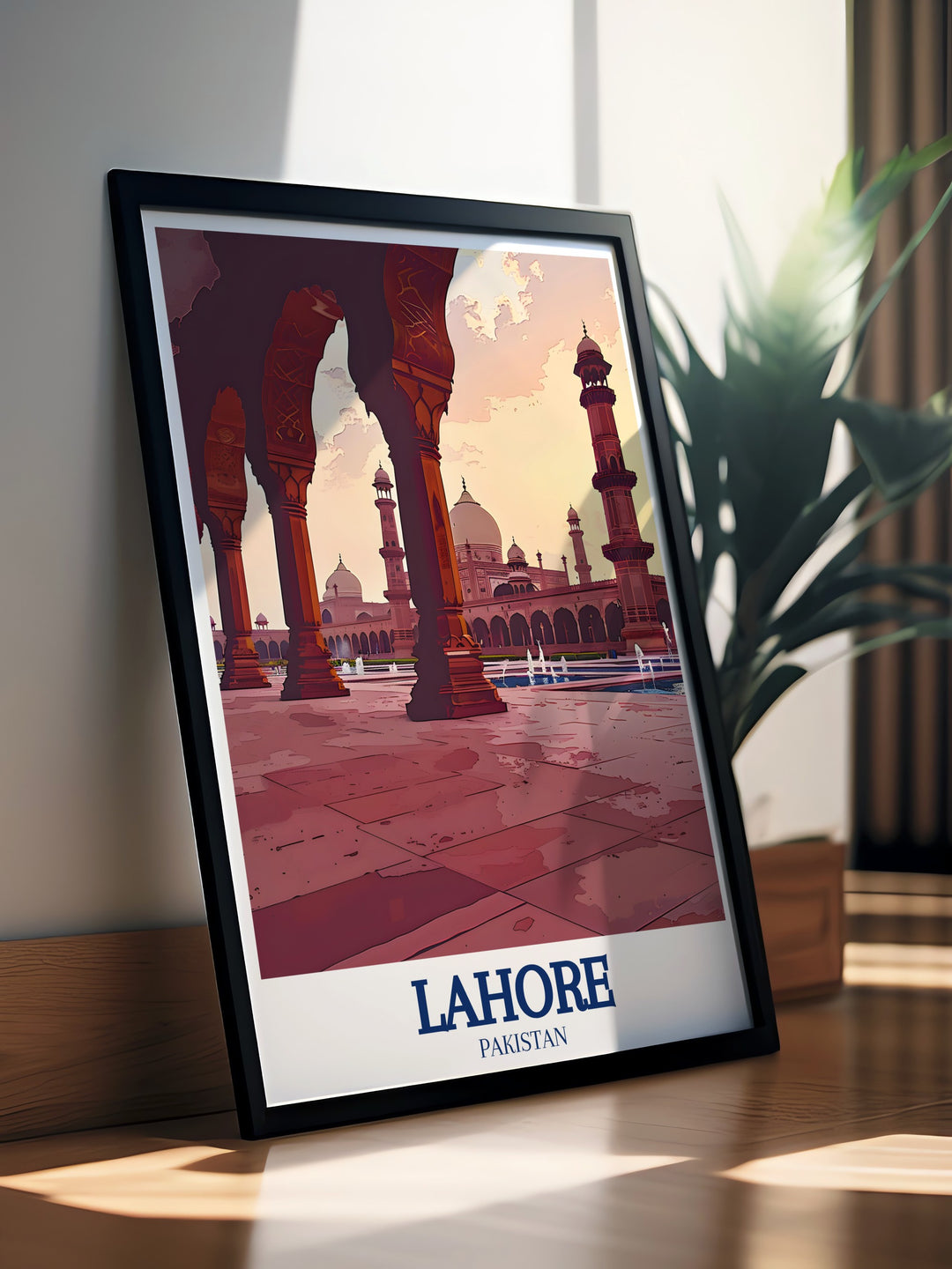 This wall art of the Badshahi Mosque in Lahore provides a close up view of its stunning architectural features, including the marble domes and intricately designed minarets, making it a perfect piece for those who wish to bring a slice of Pakistans historical grandeur into their home.