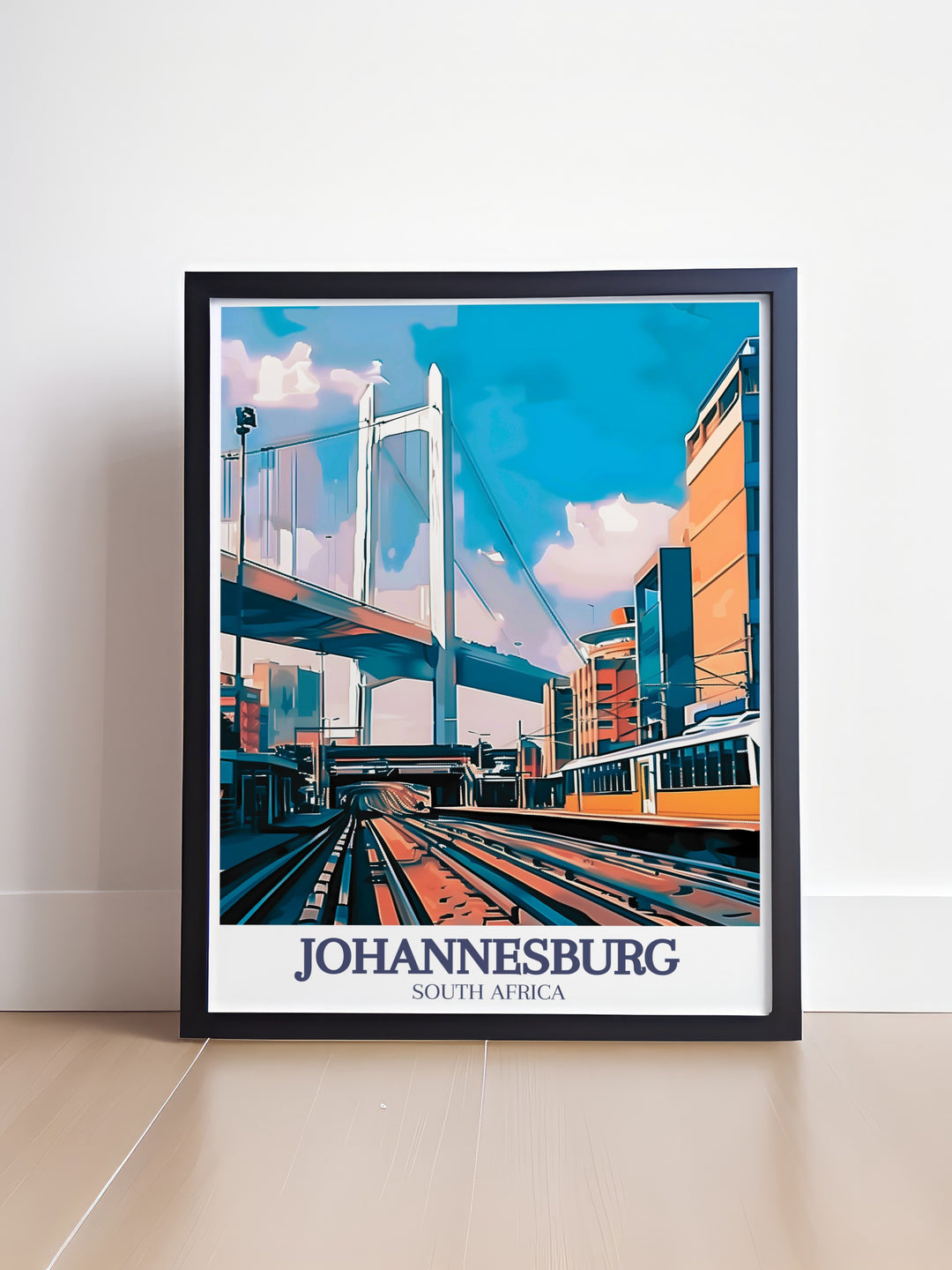 A stunning travel poster of Johannesburg featuring Nelson Mandela Bridge and Johannesburg Park Station. This print captures the modern urban landscape of Johannesburg, perfect for lovers of architecture and South African culture.