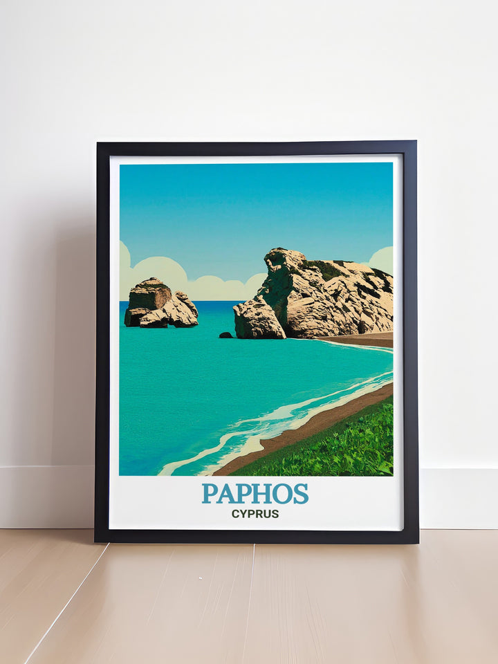 Inspire your next Mediterranean adventure with this Paphos wall poster, featuring the iconic Aphrodites Rock and the rich history of Cyprus. The detailed imagery and vibrant colors make it a standout piece for any room that celebrates travel and culture.