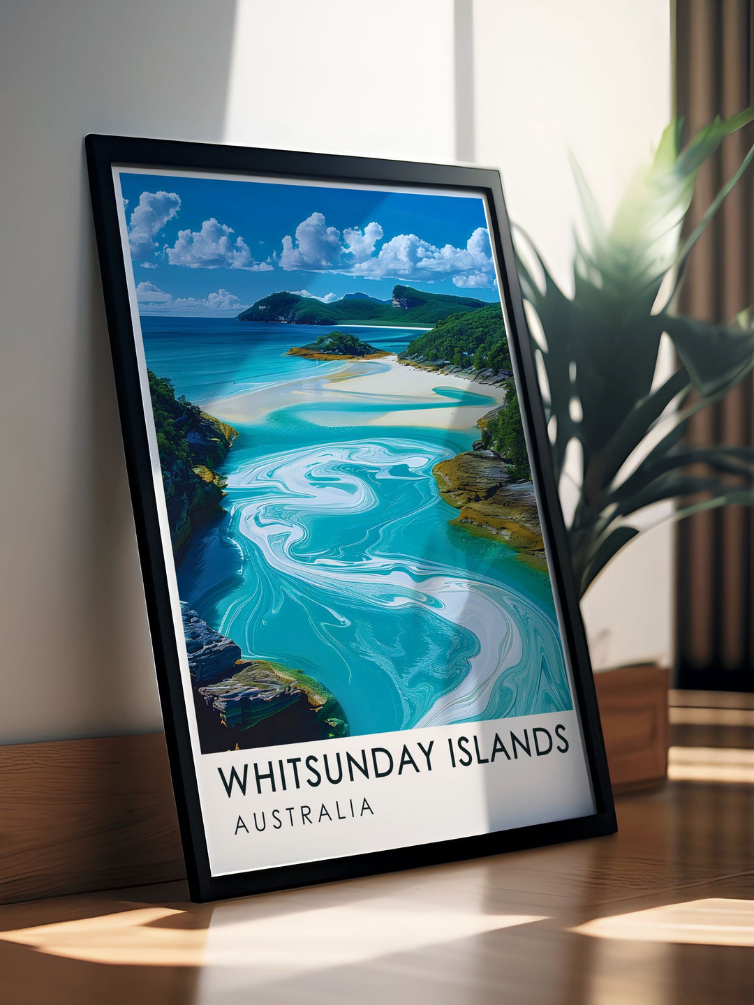 Beautiful Hill Inlet travel poster illustrating the captivating sandbars and crystal clear waters of Australia perfect for enhancing beach themed home decor