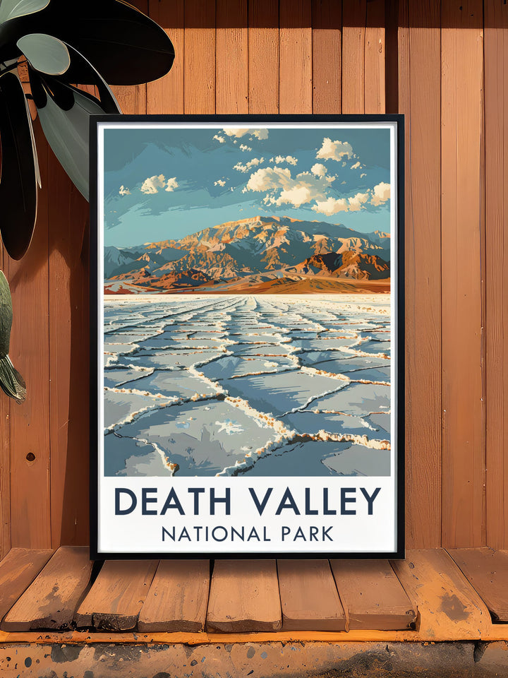 Gallery wall art illustrating the unique landscapes of Death Valley, including the expansive salt flats of Badwater Basin and the colorful hills of Artists Palette.