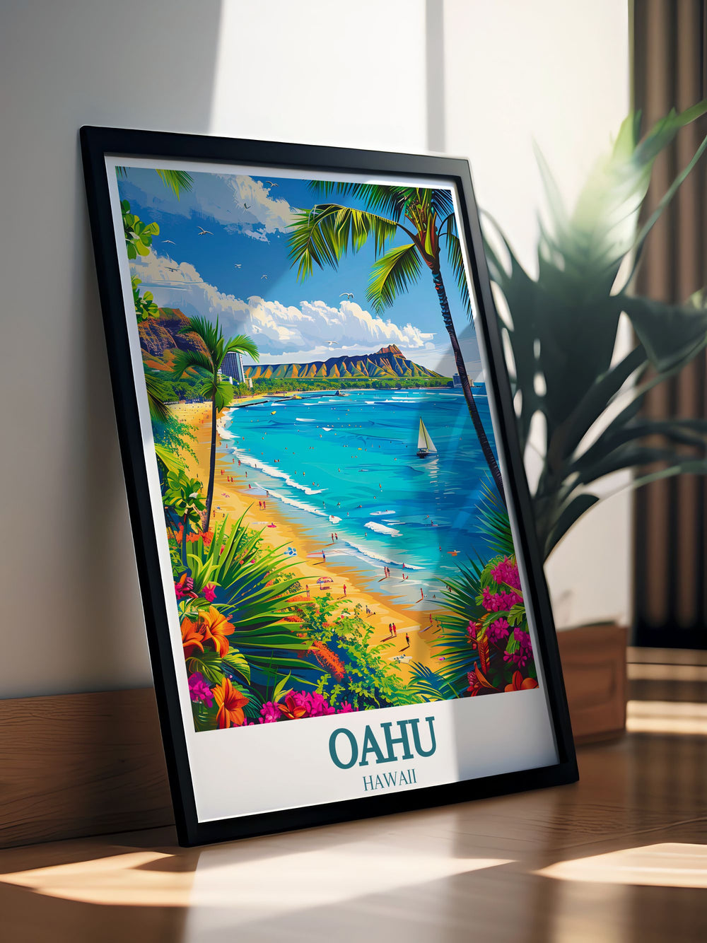 Oahu poster featuring the iconic Waikiki Beach and Diamond Head Crater offers a beautiful depiction of these famous Hawaiian landmarks ideal for travel enthusiasts and art lovers alike.