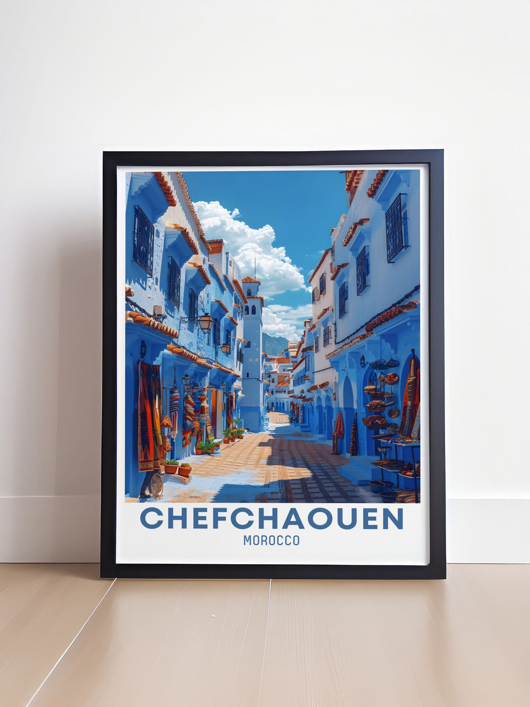 The vibrant Medina of Chefchaouen is showcased in this travel print, highlighting the unique blue hues that make the town famous. This poster artfully depicts the Blue Medina of Chefchaouen, offering a perfect blend of Moroccan culture and natural beauty for your wall.