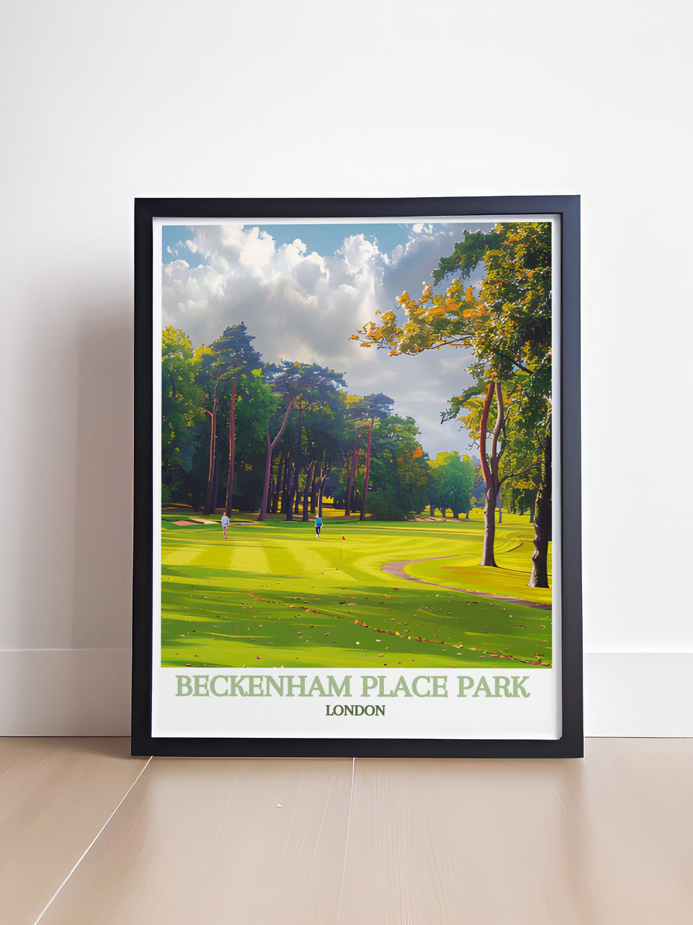 Framed art of the golf course at Beckenham Place Park, highlighting the manicured greens and picturesque setting surrounded by ancient trees, ideal for golf lovers and nature enthusiasts looking to add a sophisticated touch to their home decor.