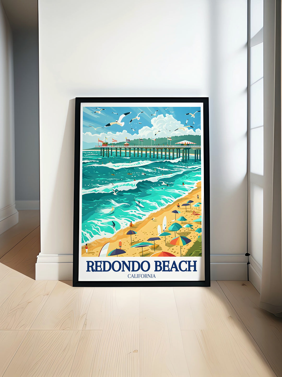 Redondo Beach travel print illustrating the stunning views of the Redondo Beach Pier and Palos Verdes Peninsula, offering a perfect blend of nature and culture. This wall poster is a must have for those who want to bring the beauty of the California coast into their home.