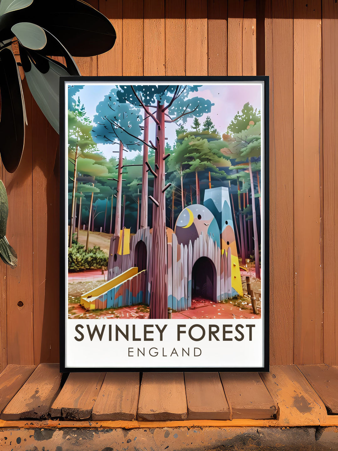 Mountain bike poster of Swinley Forest highlighting the famous Look Out Discovery Centre and the trails that attract cycling enthusiasts. This print is a great addition to any art collection or home wall decor with its dynamic depiction of outdoor adventures.