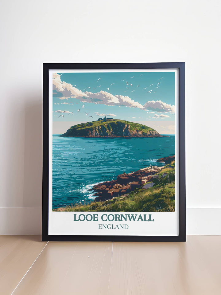 Looe Island Framed Print featuring detailed artwork of Looe Island in a classic design ideal for enhancing your living room or office.