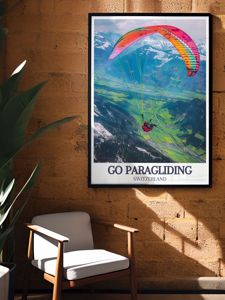 Experience the thrill of soaring over the Swiss Alps with this Go Paragliding Poster Print, featuring the majestic Jungfrau in a stunning depiction of paragliding. Perfect for adventure lovers and outdoor enthusiasts.