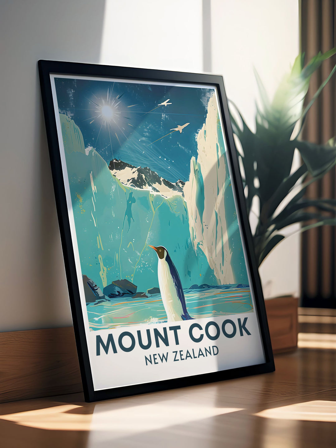 Elevate your home decor with this vintage travel print of Tasman Glacier capturing the awe inspiring beauty of New Zealands South Island perfect for adding elegance and a sense of adventure to your living room bedroom or office