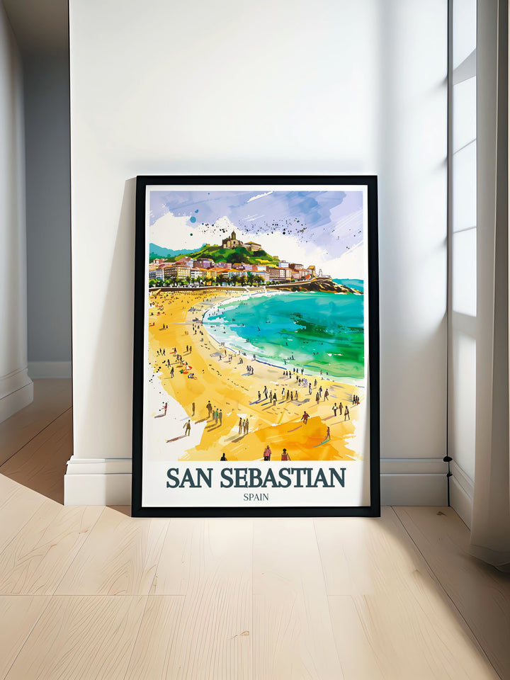 San Sebastian Print featuring La Concha Beach and Monte Igueldo perfect for vibrant home decor and colorful wall art enhancing any space with its elegant design and modern aesthetic ideal for anniversary birthday and Christmas gifts