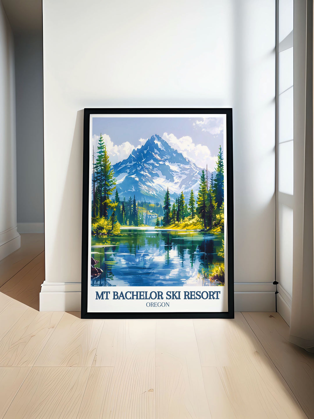 Explore the stunning landscapes of Mt Bachelor and Sparks Lake with this vintage travel print perfect for enhancing your home decor and making a unique housewarming gift for nature and winter sports enthusiasts