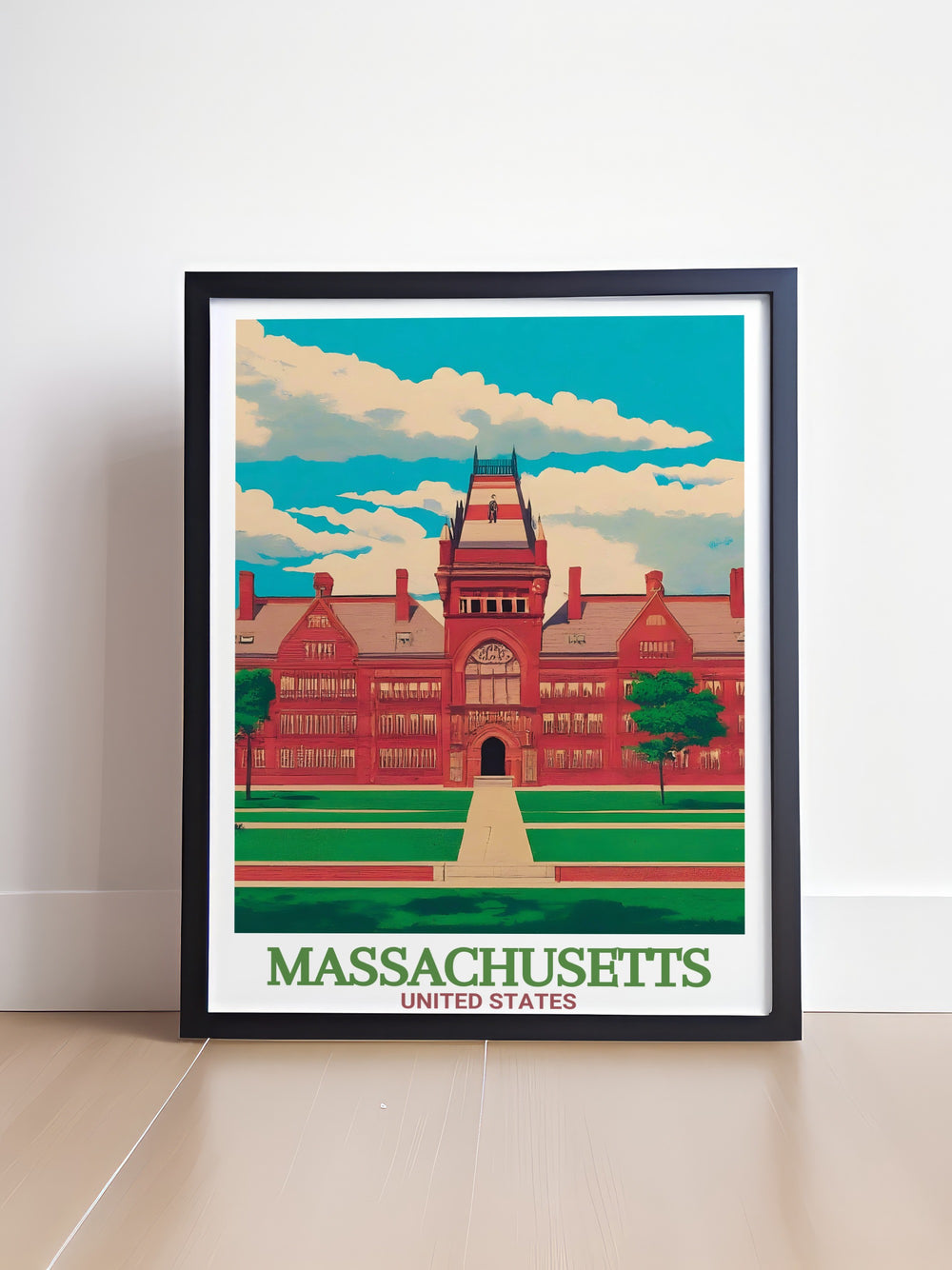 The Massachusetts Poster Print captures the historical significance of Harvard University alongside the modern skyline of Springfield. This travel print blends the academic prestige of Massachusetts with its urban charm, making it an ideal piece for home decor or as a meaningful gift.