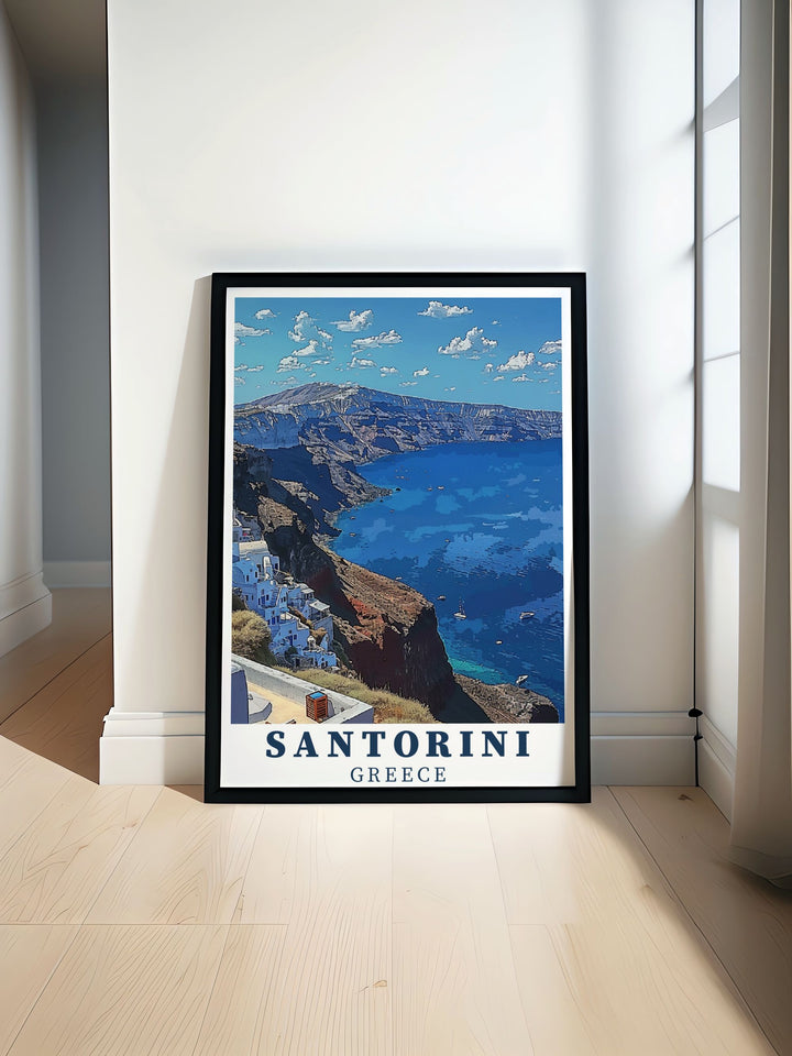An elegant poster of Santorinis Caldera, highlighting its steep cliffs, ancient ruins, and picturesque buildings. A timeless piece for any Greece art collection.