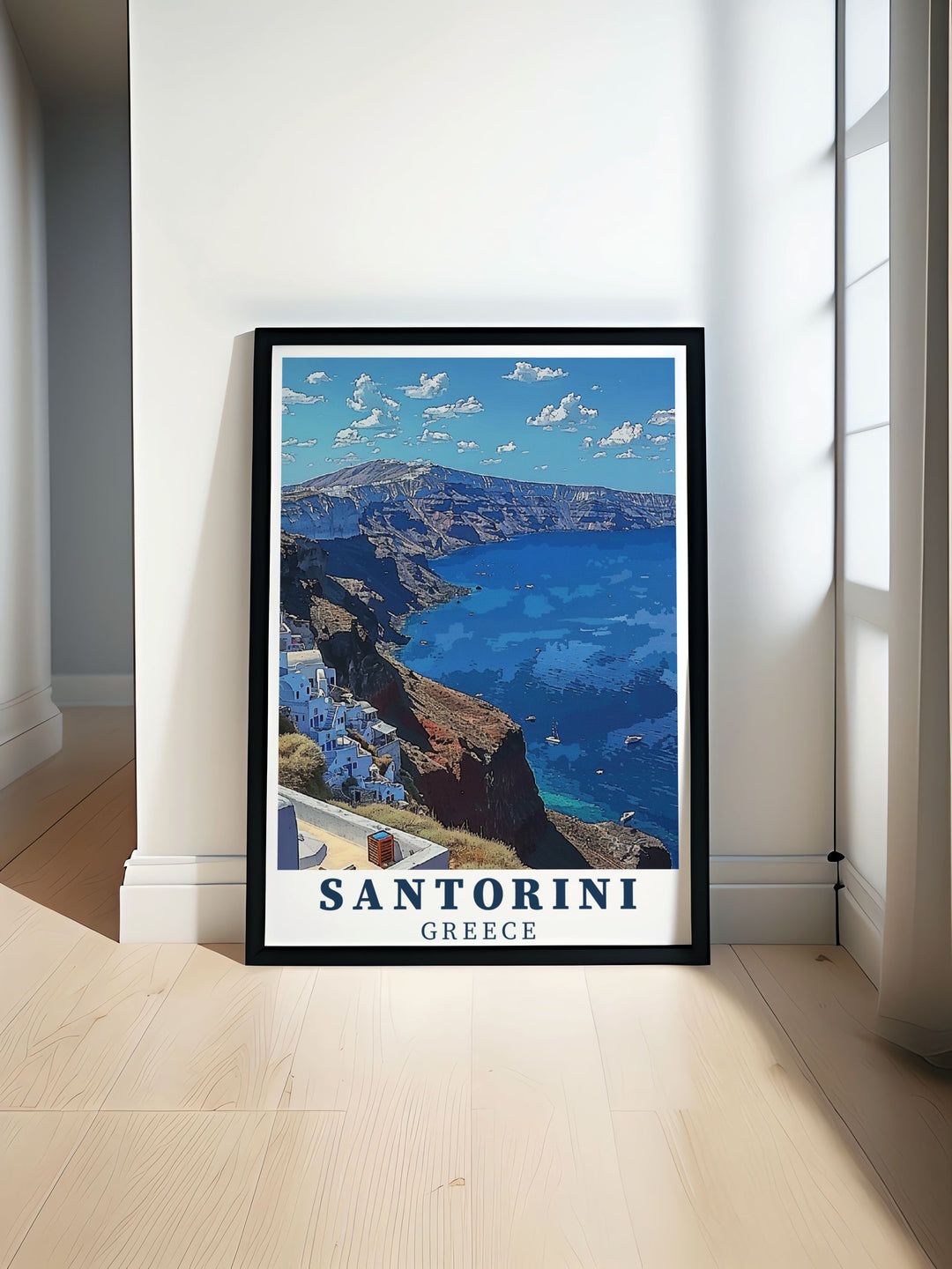 This Santorini travel poster highlights the islands unique architecture and the sweeping views of the caldera. The artworks calming blue and white palette makes it a perfect fit for modern and minimalist decor, capturing the tranquil beauty of Greeces coast.