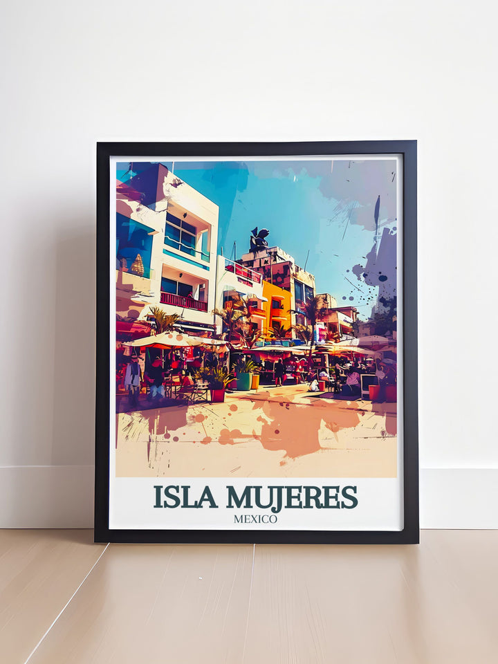 Fine line print of Isla Mujeres map with a focus on Centro, Avenida Miguel Hidalgo offering a stylish and contemporary addition to your wall décor ideal for living rooms and studies.