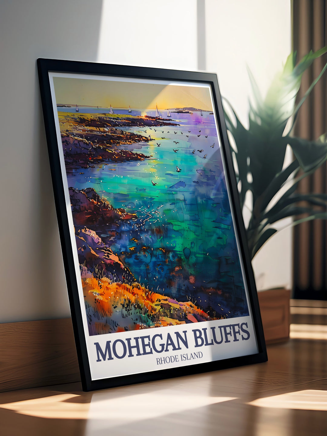 This framed art piece showcases Mohegan Bluffs on Block Island in a vintage inspired travel print. With its vibrant colors and serene design, this Rhode Island poster makes a perfect addition to any room, offering a reminder of the coasts natural charm.