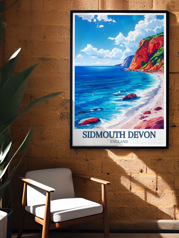 The picturesque Sidmouth Beach in Devon is beautifully illustrated in this poster, offering a glimpse into its serene and inviting atmosphere, ideal for any seaside art collection.