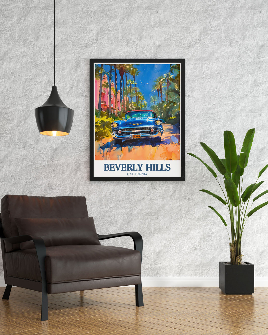 Elegant California wall art depicting the Beverly Hills Hotel and Hollywood, showcasing the states iconic landmarks and glamorous atmosphere. Perfect for adding sophistication and a touch of Hollywood magic to any room.