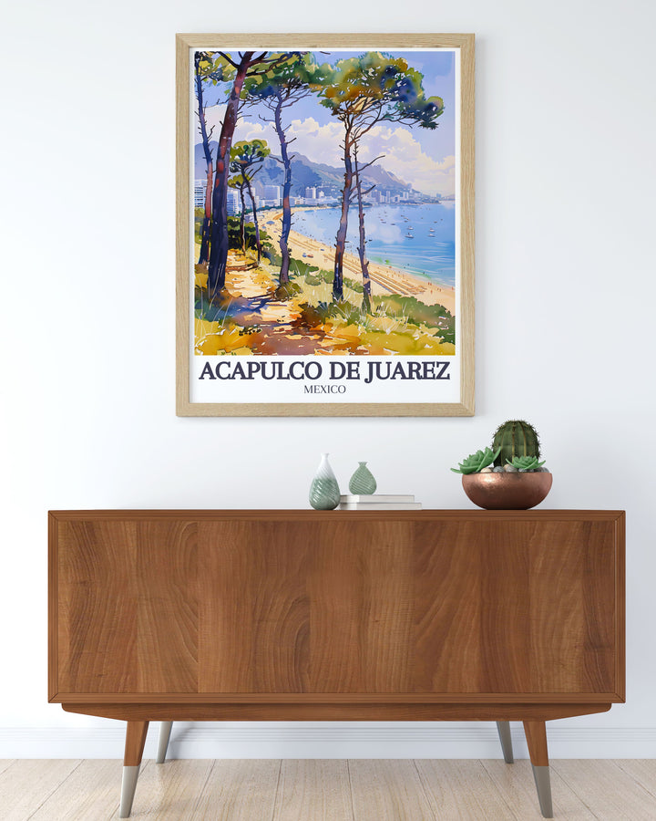 Experience the vibrant culture and stunning beauty of Acapulco de Juárez with this travel poster, featuring Playa Condesa, Acapulco Bay, and Las Torres Gemelas.