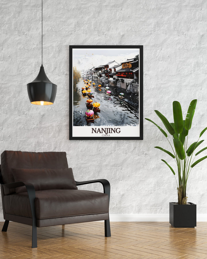 This Nanjing Poster Print features the Qinhuai River, a historic and culturally rich landmark in Nanjing, Jiangsu. The peaceful riverbanks, traditional bridges, and ancient architecture are beautifully depicted, offering a perfect blend of history and art for any home. This print is ideal for travel enthusiasts and those with a love for Asian culture.