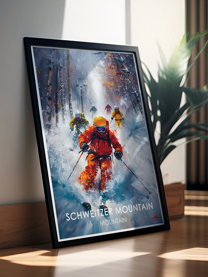 This framed art featuring Schweitzer Mountain and Lake Pend Oreille combines the best of Idahos natural beauty. The ski slopes lead to peaceful views of the lake below, making this artwork ideal for adding a touch of serene wilderness to your space.