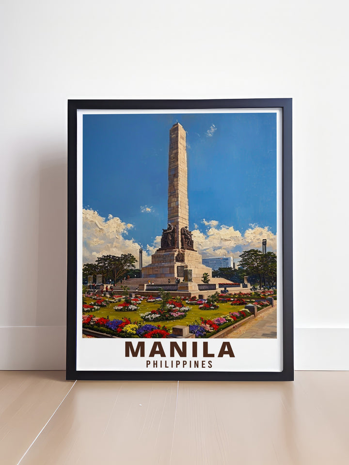 This Manila Poster Print captures the architectural beauty of the Rizal Monument, set within the citys dynamic landscape. Its a great addition to any room, adding a cultural touch that celebrates the history of the Philippines.