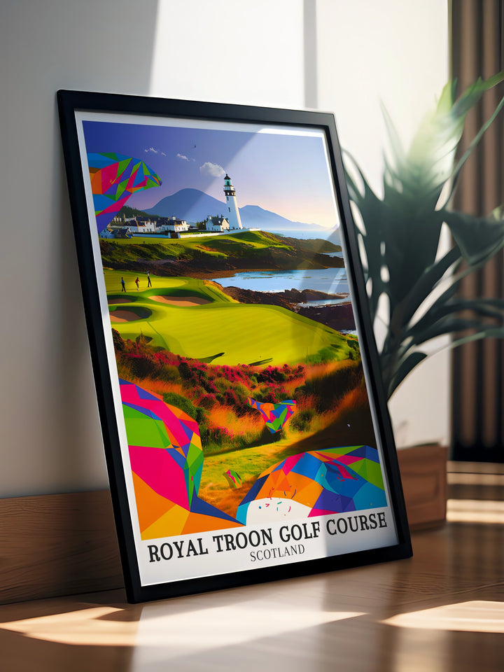 Royal Troon golf art print capturing the scenic Ayrshire coastline and Isle of Arran a perfect addition to home decor for golfers highlighting the beauty of the Scottish Highlands and the history of legendary golf courses like Royal Dornoch