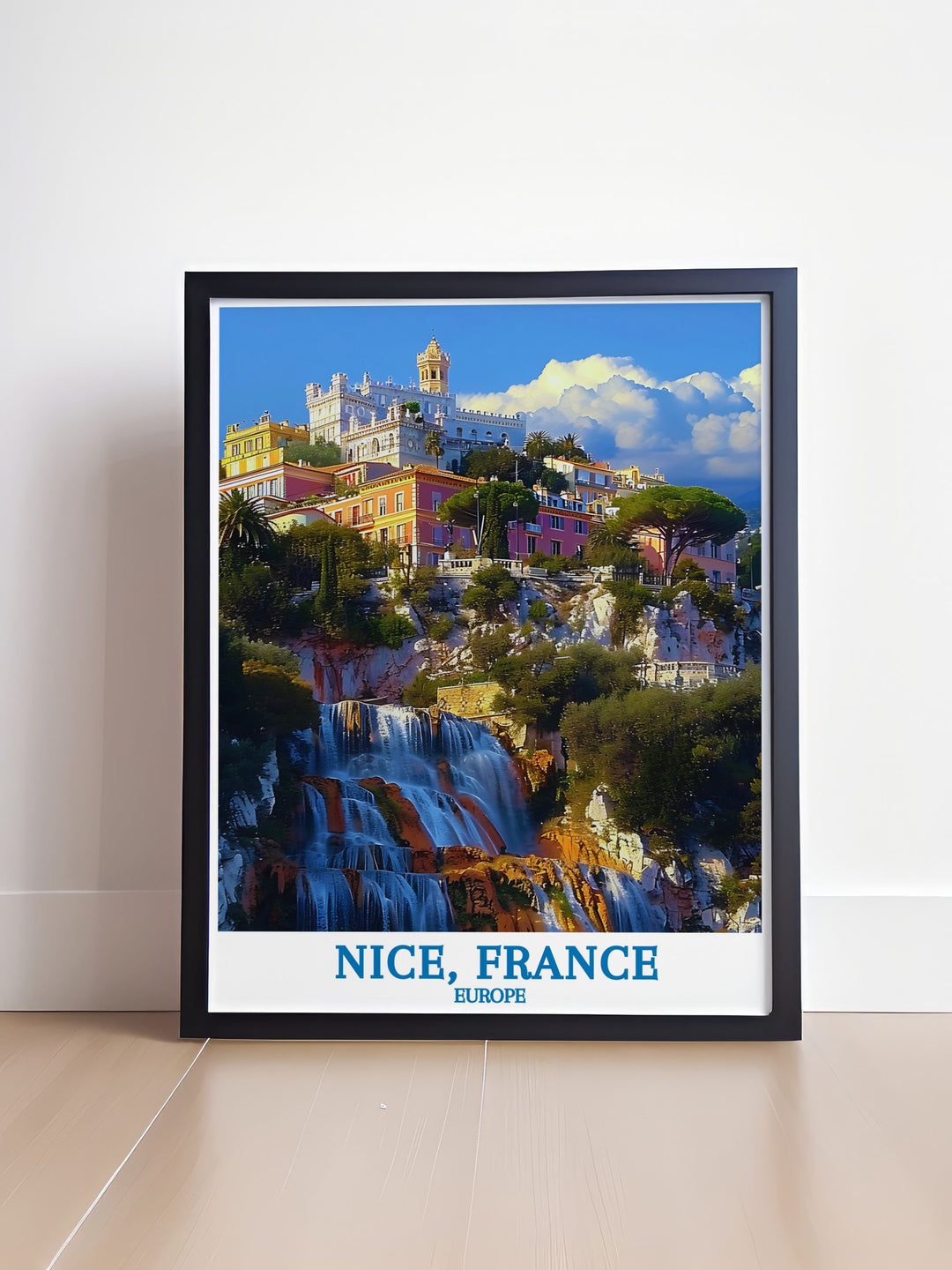 Enhance your living space with this travel poster of Colline du Château, Nice, capturing the serene ambiance and picturesque views from this historic hilltop overlooking the Mediterranean.