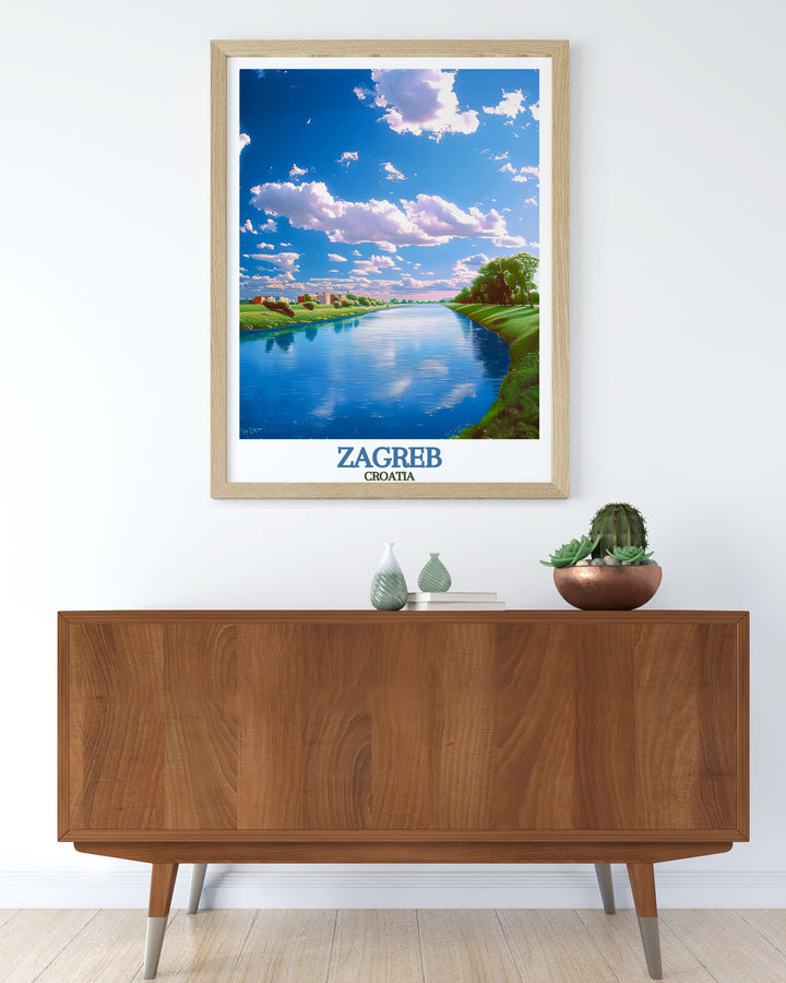 Sava River modern decor print adding a sophisticated touch to any room. Ideal for holiday gifts or enhancing your living room with Croatian charm.