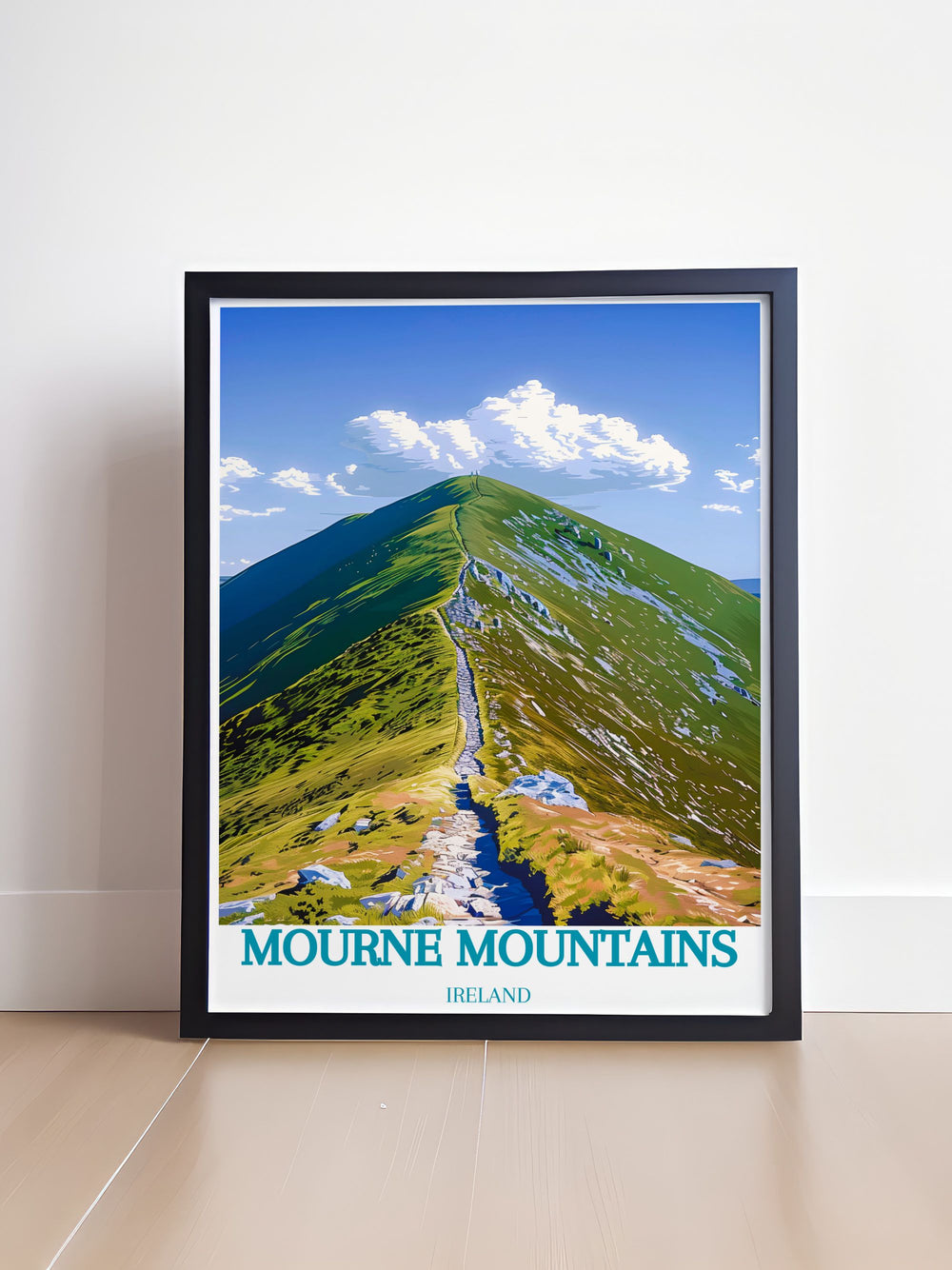 This travel poster beautifully depicts the dynamic landscapes and natural charm of the Mourne Mountains, ideal for adding a touch of scenic beauty and outdoor adventure to any room.