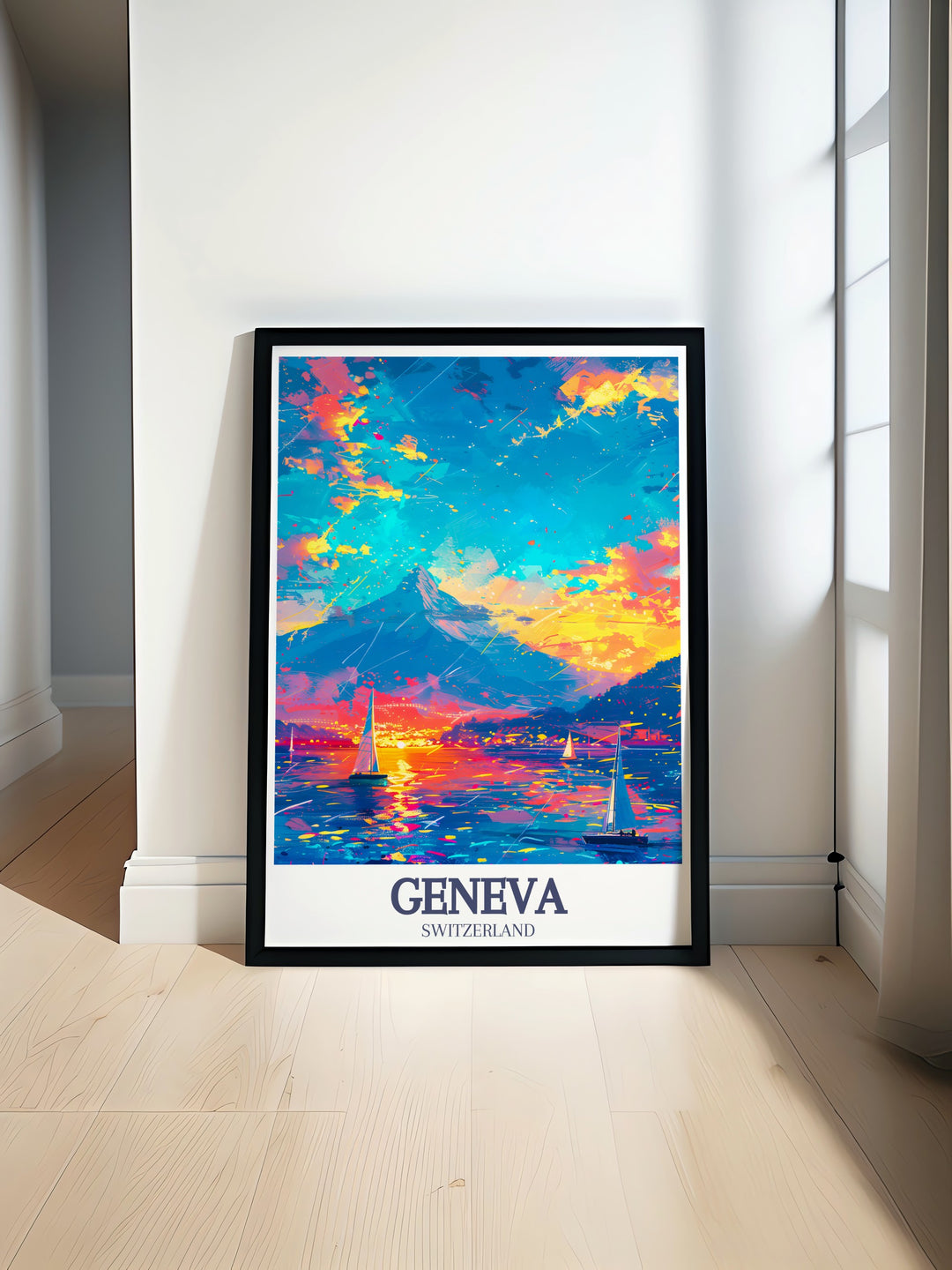 This framed art print of Lake Geneva and Mont Blanc captures the essence of Swiss nature, combining the peacefulness of the lake with the majesty of Mont Blanc. Perfect for home decor, this Switzerland travel art is a must have for those who appreciate alpine beauty.