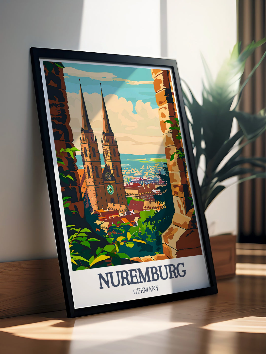 Nuremberg poster print showcasing the magnificent St. Lorenz Church, a symbol of the citys rich history and Gothic architecture. This artwork combines the beauty of Bavaria with Nurembergs medieval charm, making it a perfect addition to any home or office. Available as a framed or digital download.