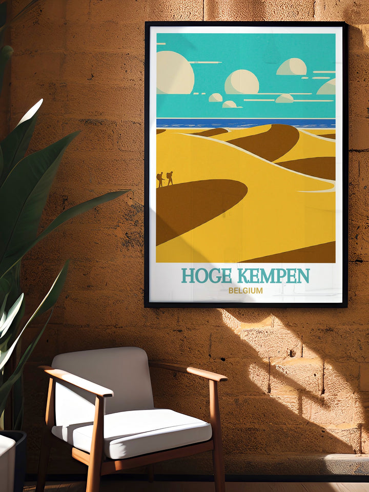 The serene beauty of Hoge Kempen and the windswept Dune Belt are vividly depicted in this Belgium travel print, offering a visual journey through some of the countrys most treasured landscapes.