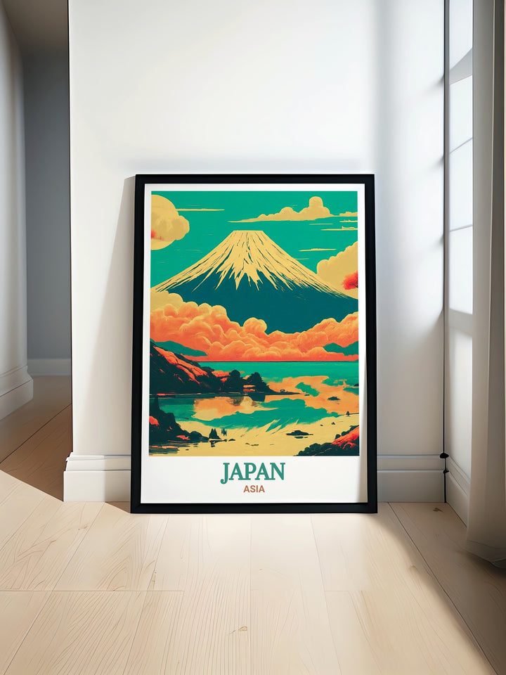 Bring the calm of Mount Fuji into your home with this detailed travel print. The serene mountain and its surroundings are beautifully depicted, making it a perfect artwork for relaxation and reflection. Ideal for those who appreciate Japans natural landmarks.