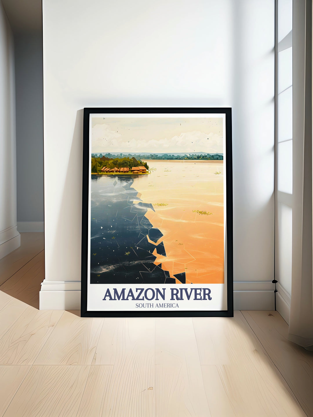 Encontro das Aguas, Rio Negro and Solimoes rivers travel poster featuring the stunning confluence of the two distinct rivers in Brazil. This vibrant wall art brings natures wonder into your home with captivating colors and intricate details, perfect for enhancing any decor.