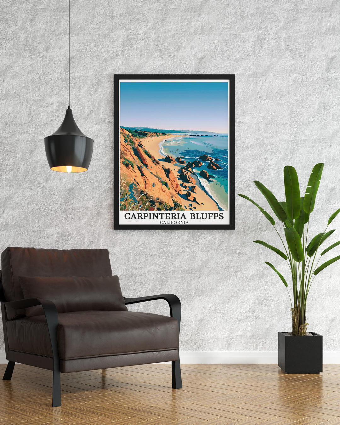 This California art print of Carpinteria Bluffs Nature Preserve and Carpinteria offers a serene glimpse into Californias beautiful coastlines ideal for adding a touch of tranquility to your home decor or as a special gift for lovers of nature and travel