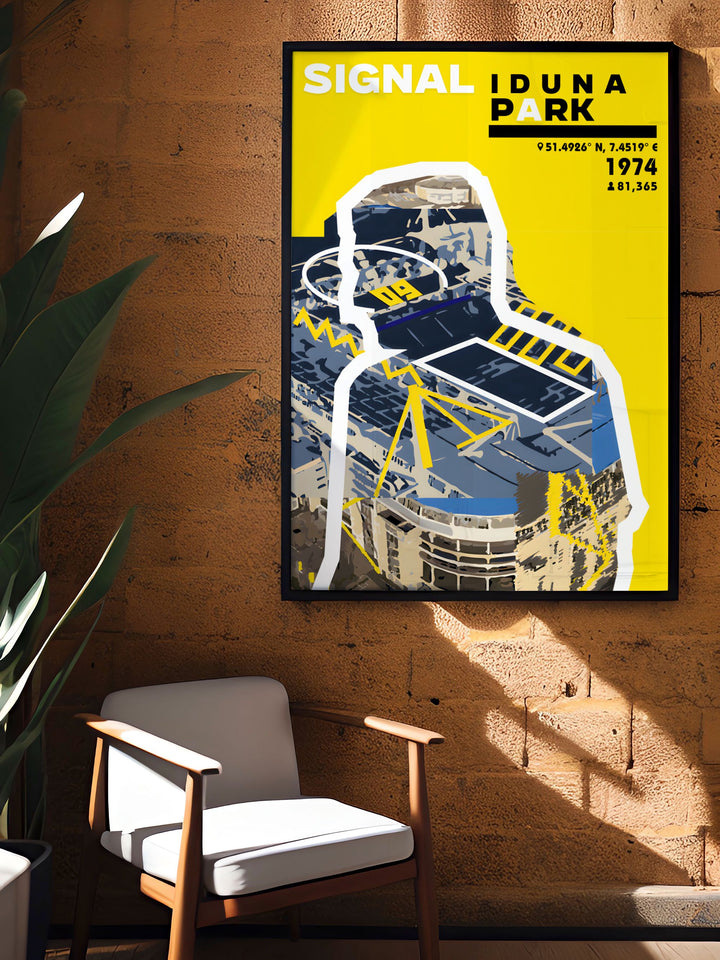 Our Dortmund 2024 Poster captures the excitement of the upcoming season featuring star players like Marco Reus and Julian Brandt in front of Signal Iduna Park a great way to show your support for Borussia Dortmund