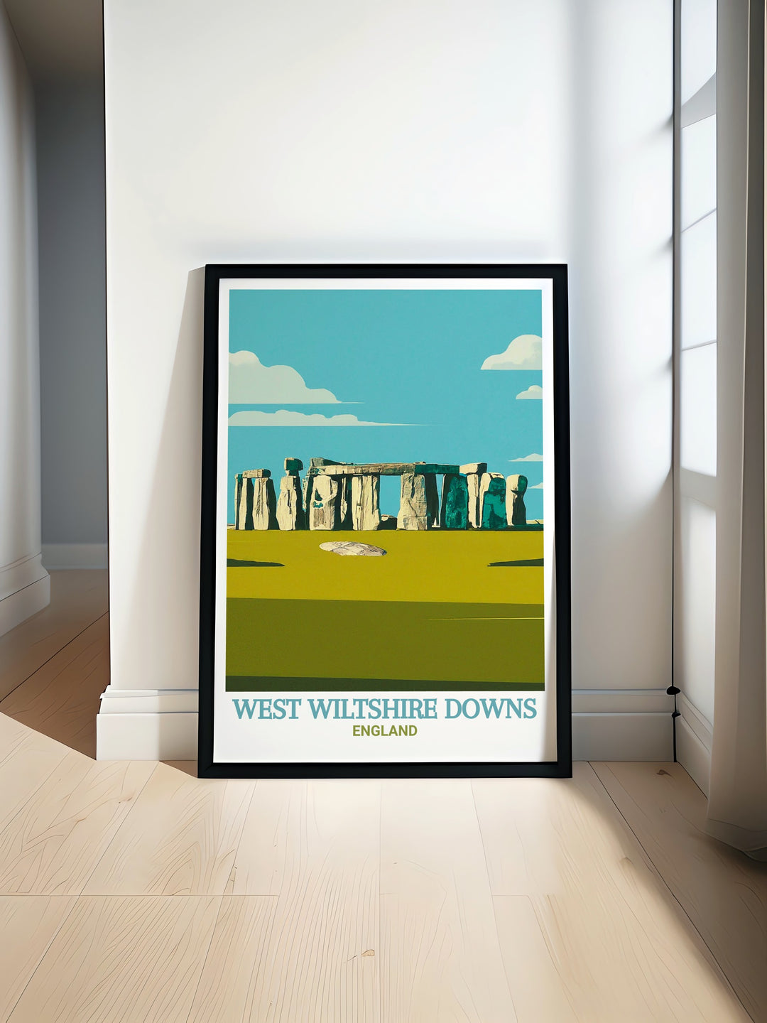 Wiltshire travel print capturing the serene beauty of the West Wiltshire Downs, with its open spaces and gentle rolling hills. This artwork is perfect for nature enthusiasts or as a thoughtful gift for those who appreciate Englands natural beauty.