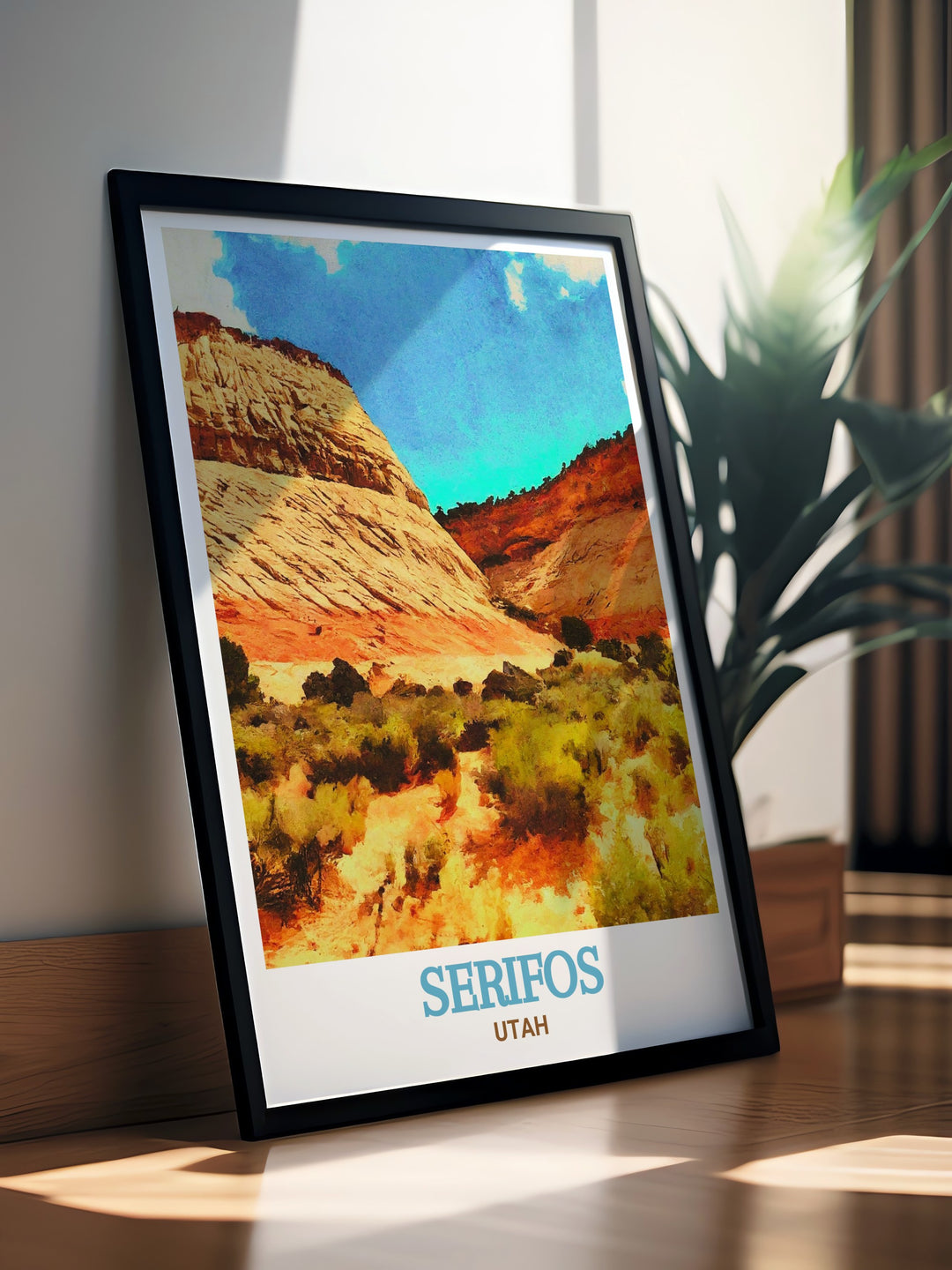 This Springdale poster captures the breathtaking scenery of Utahs Checkerboard Mesa, with its distinctive lines and vibrant colors. Ideal for any space, this piece celebrates the natural wonders of the American Southwest.