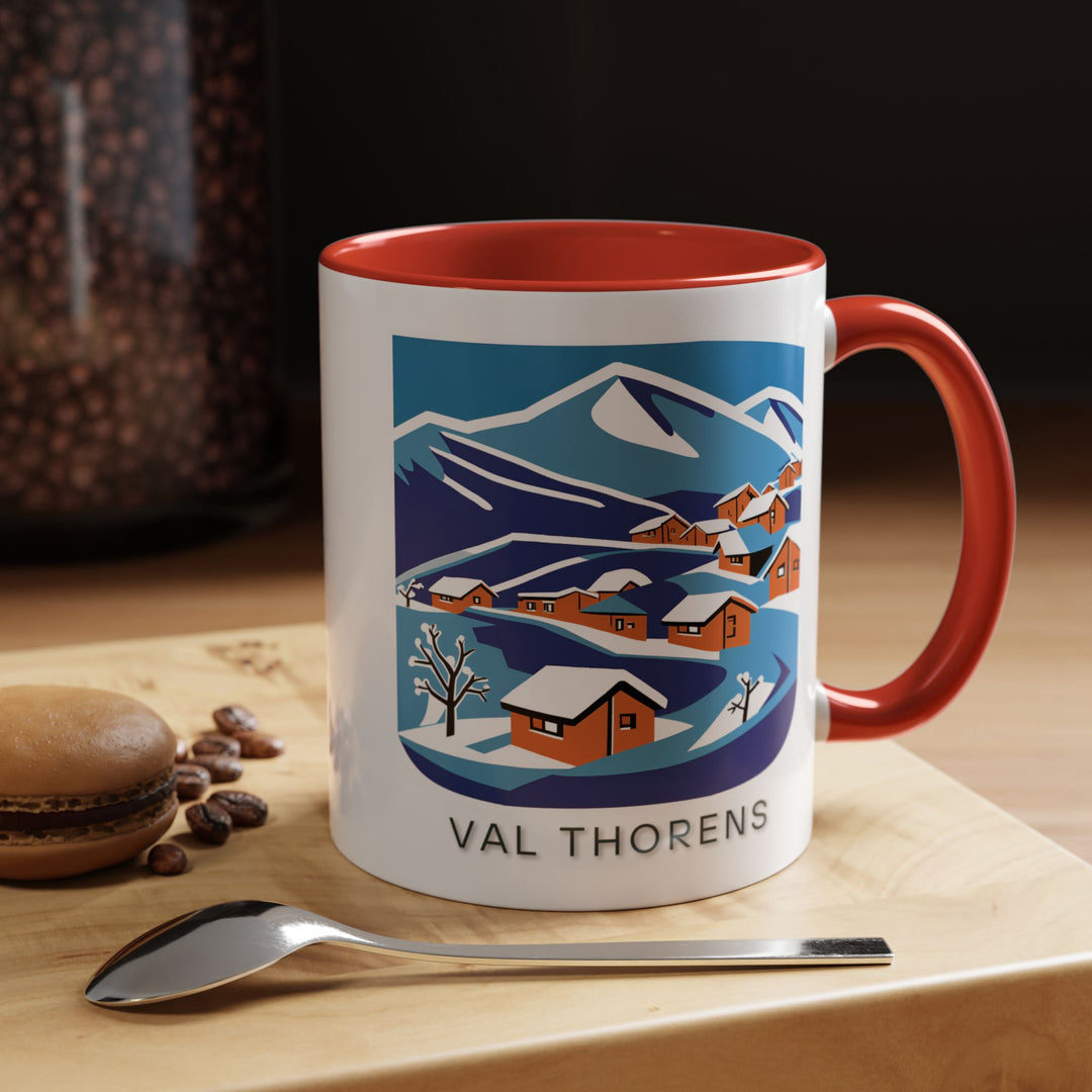 Enjoy your favorite beverages in this Val Thorens mug featuring artistic depictions of the resorts snowy peaks. Durable and dishwasher safe, its perfect for coffee or tea lovers seeking a touch of alpine elegance. A meaningful gift for travelers and art enthusiasts. T