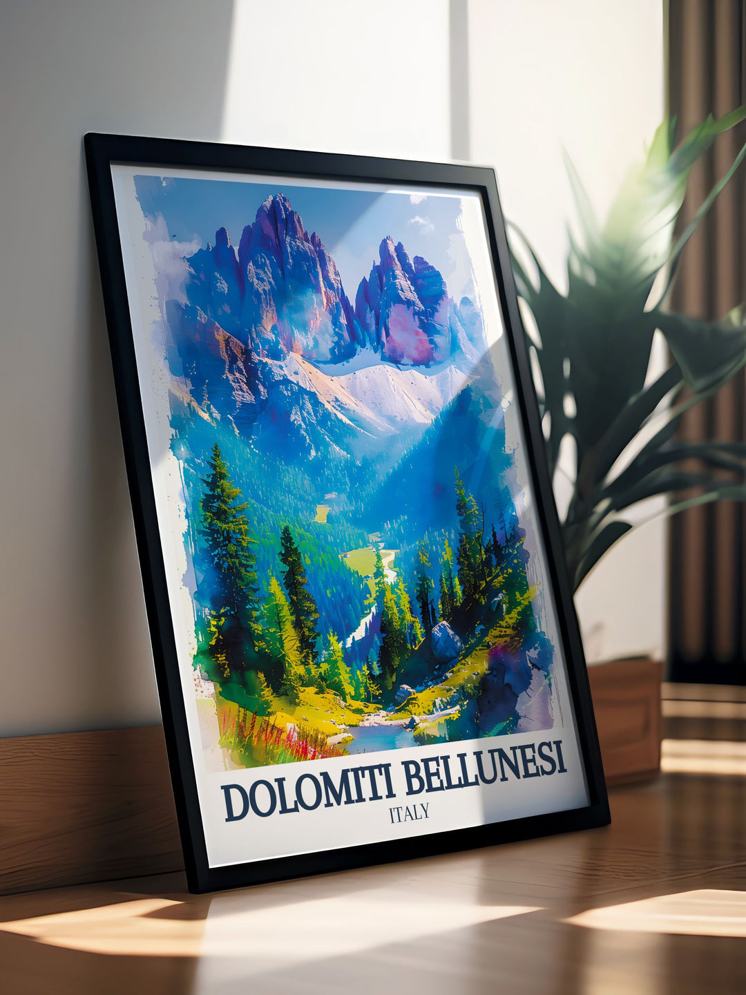 National Park poster featuring the dramatic rock formations and serene landscapes of the Dolomite range in Italy a must have for nature lovers and art enthusiasts.